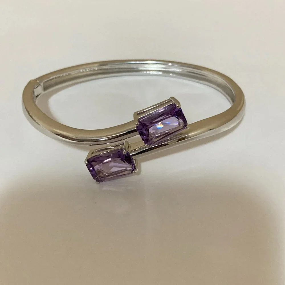 Sterling Silver Amethyst Semi Wrap Bangle Bracelet - Picture 2 of 9